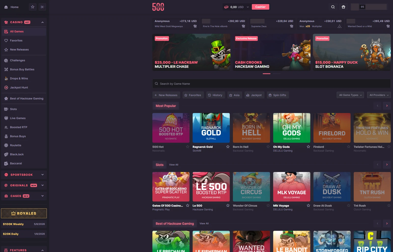 500 Casino all games lobby with a sidebar of categories and rails for most popular slots, slots and a Hacksaw Gaming shelf