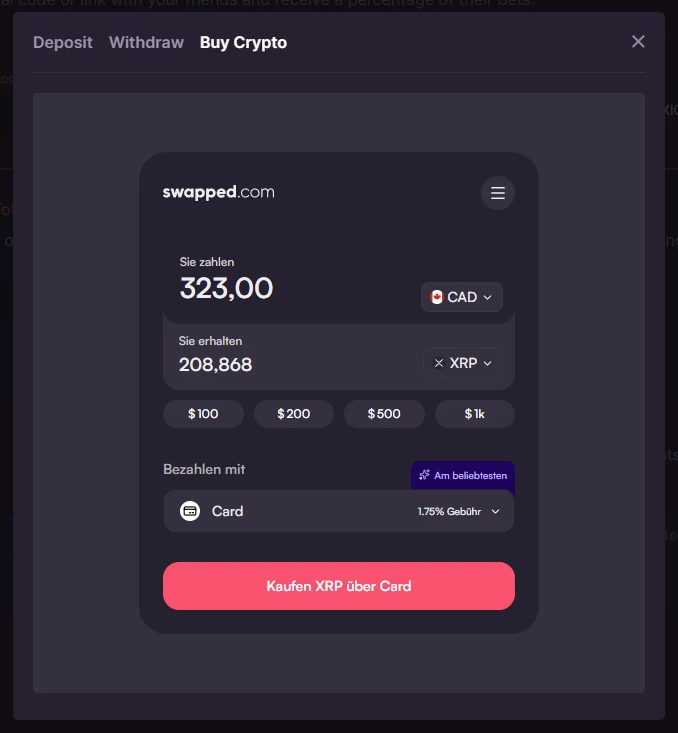 500 Casino buy crypto tab with an embedded swapped.com widget converting fiat to XRP and showing a card payment fee