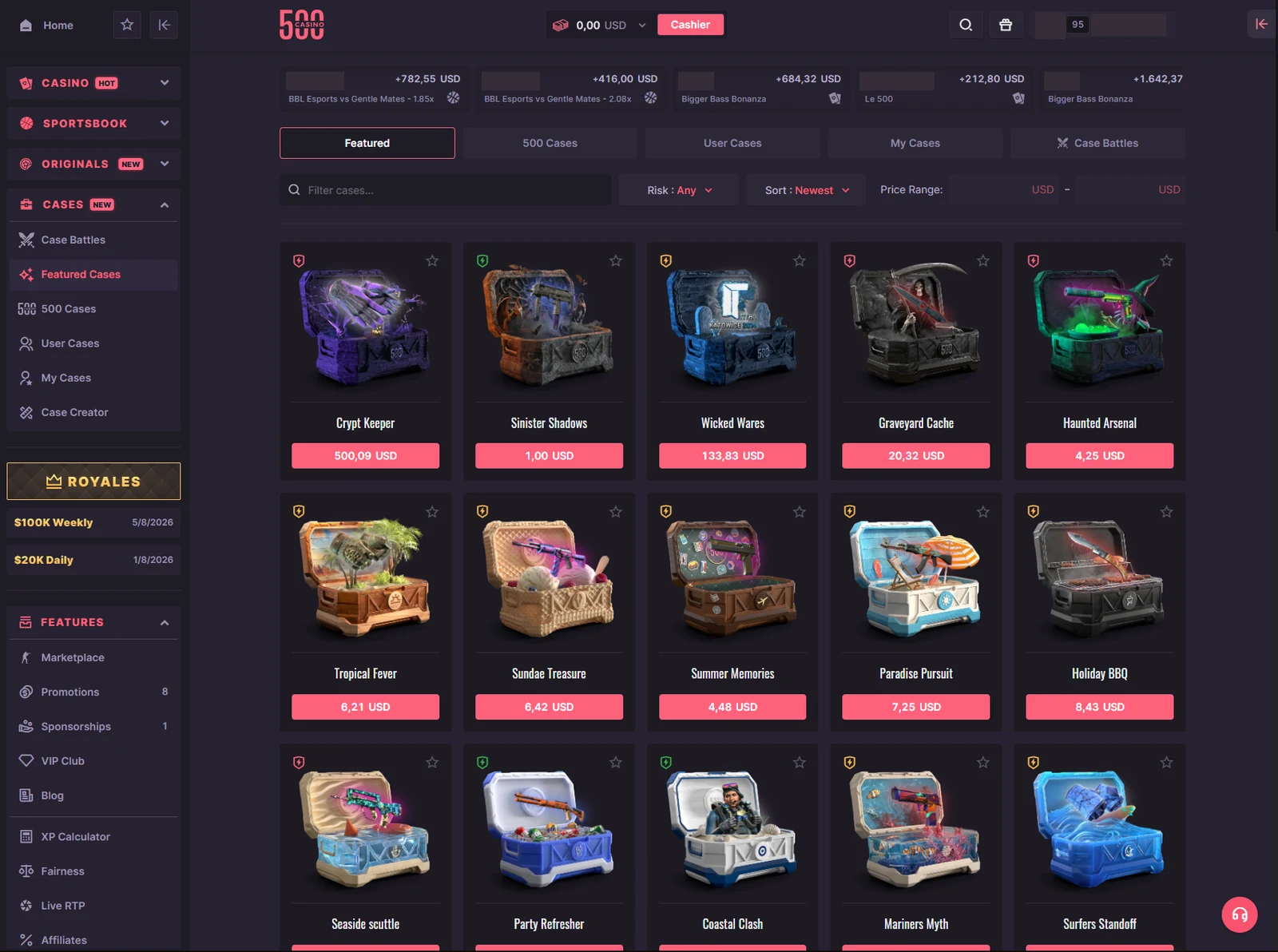 500 Casino cases lobby with featured, 500 cases, user cases and case battles tabs above priced case tiles with risk badges