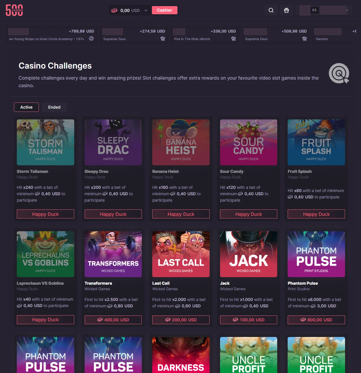 500 Casino challenges board with active slot cards listing target multipliers, minimum bets and either a cash prize or a provider tag