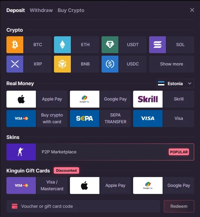 500 Casino deposit modal with crypto, real money, skins and gift card sections and a voucher redemption field
