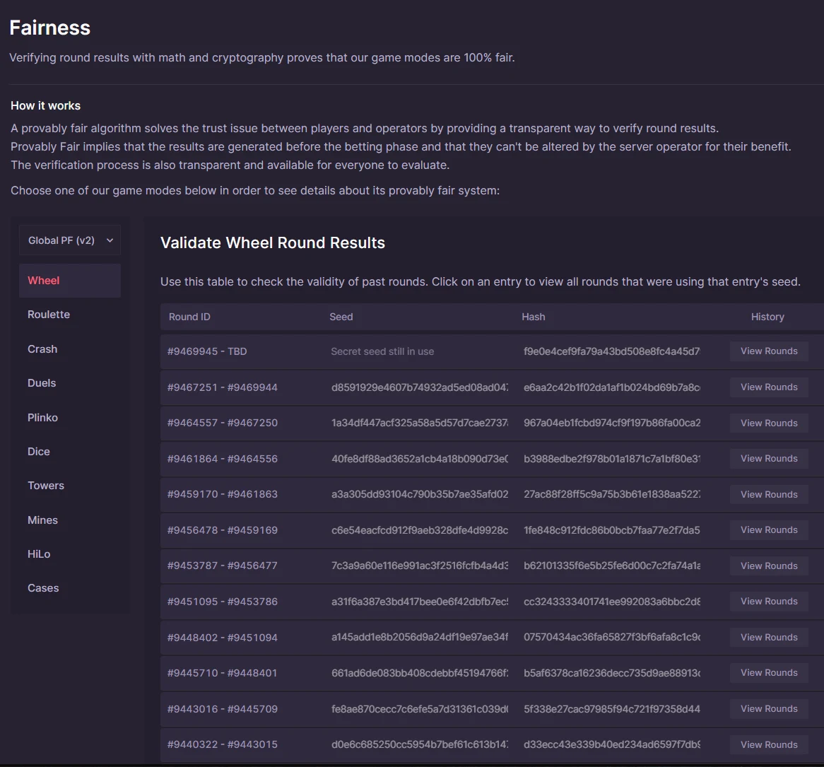 500 Casino fairness page with a list of ten provably fair game modes and a table of round ID ranges, seeds and hashes