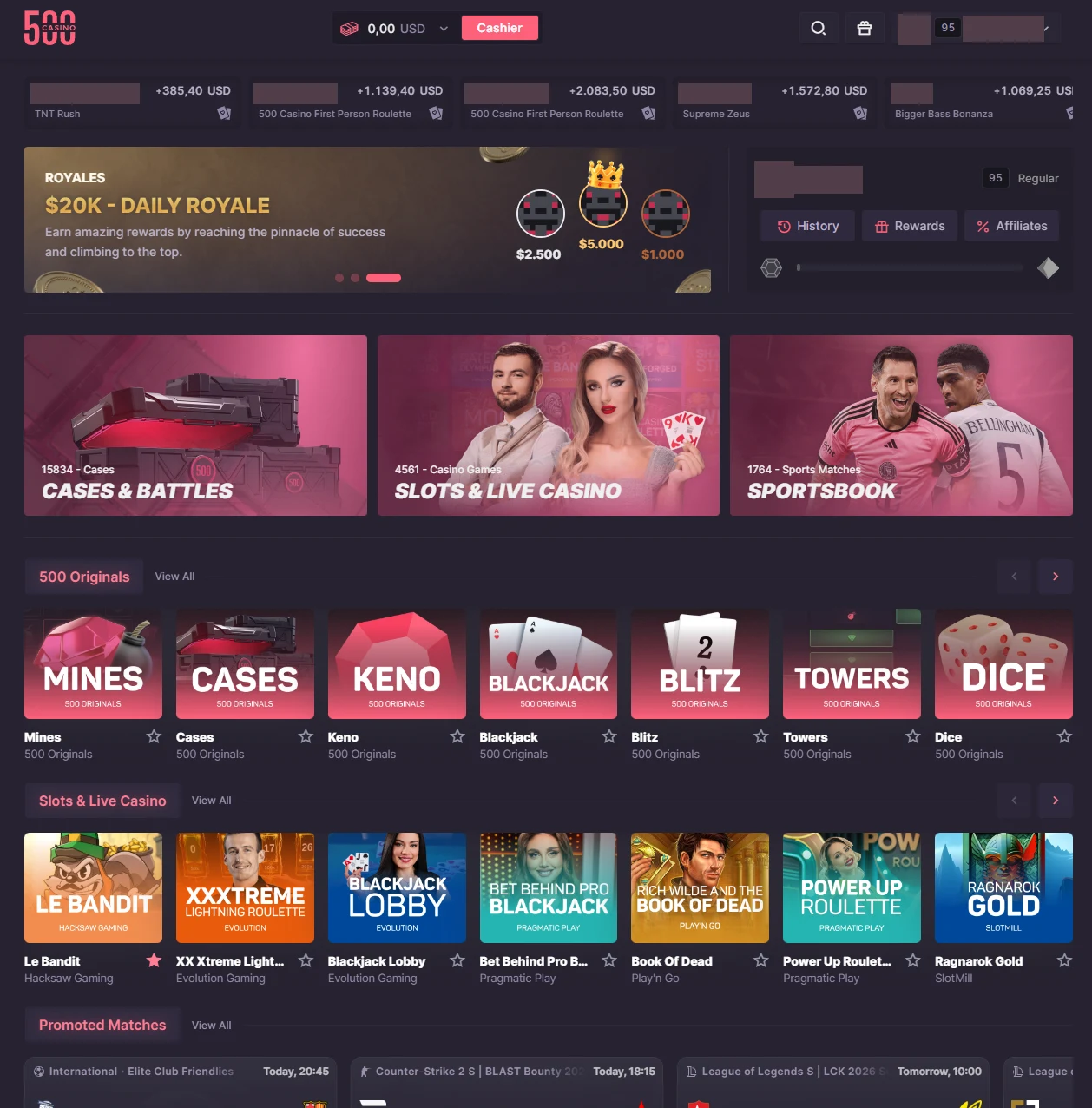 500 Casino logged-in home page with a Royales banner, a level panel and category cards for cases, casino games and sports