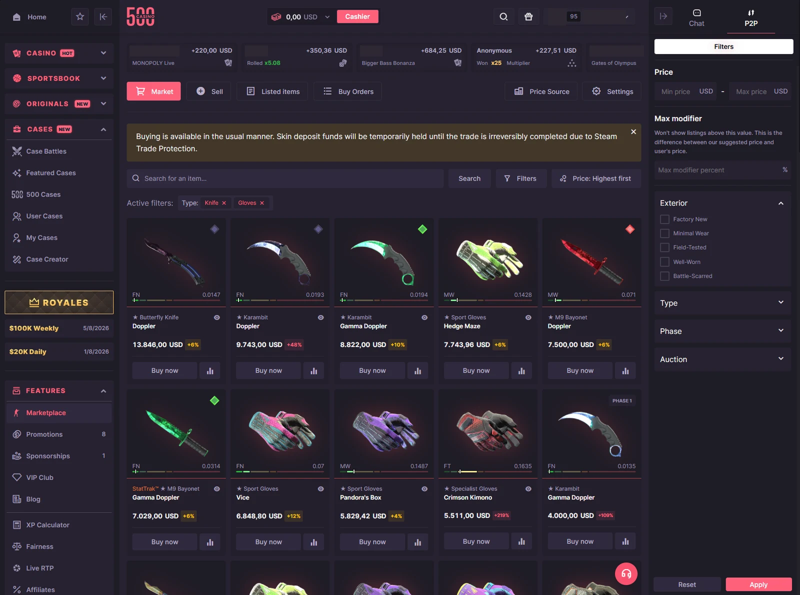 500 Casino peer-to-peer marketplace showing knife and glove listings with float values, prices and percentage modifiers over suggested price