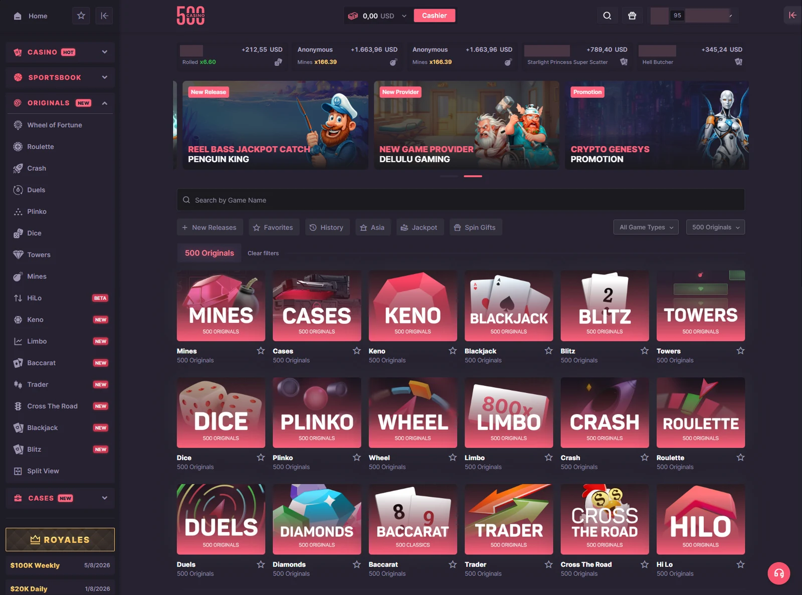 500 Casino originals lobby with a sidebar of in-house games and a grid showing Mines, Cases, Keno, Blackjack, Dice, Plinko, Crash and others