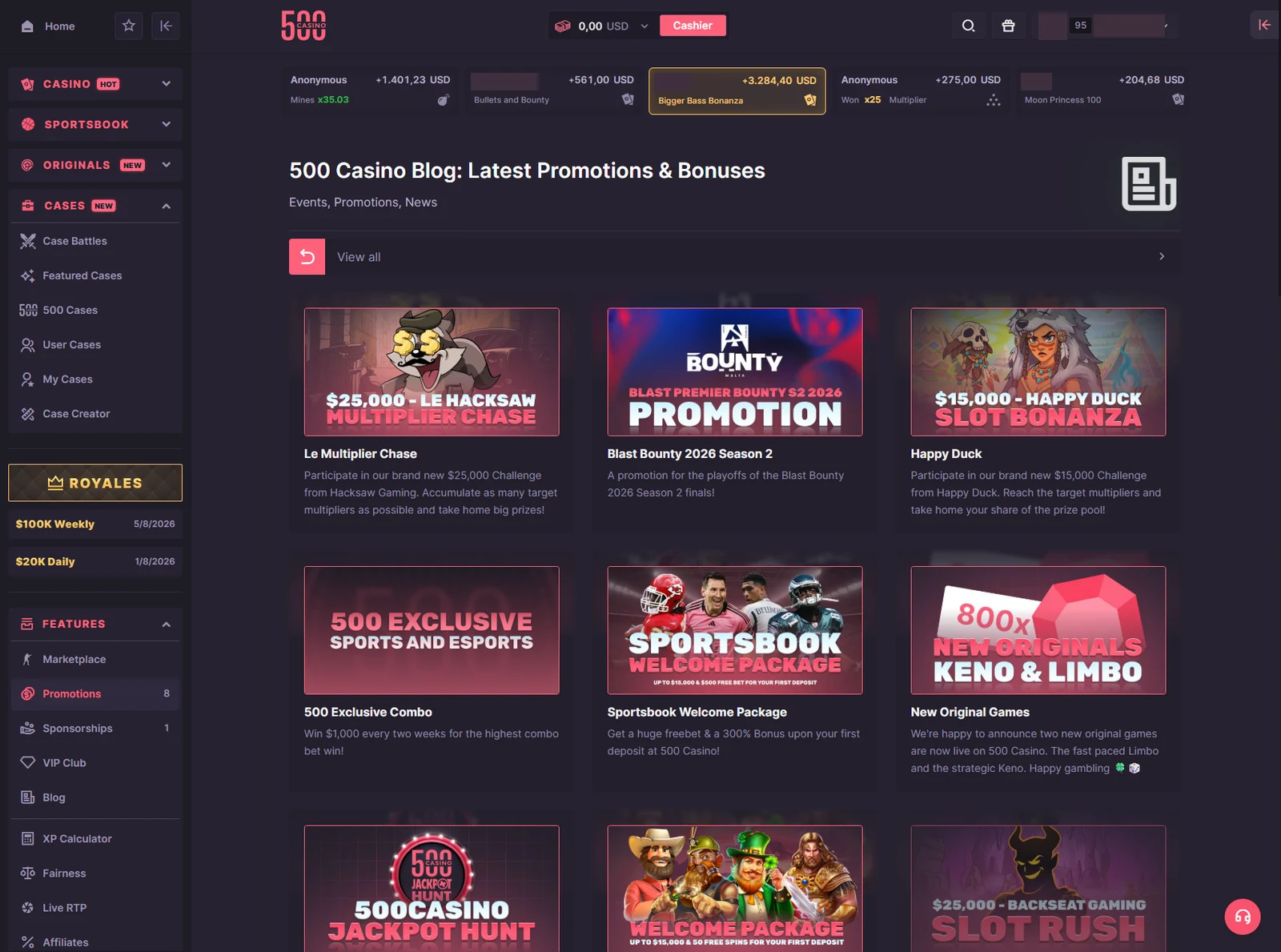 500 Casino promotions blog with cards for provider challenges, a sportsbook welcome package, a casino welcome package and event promotions