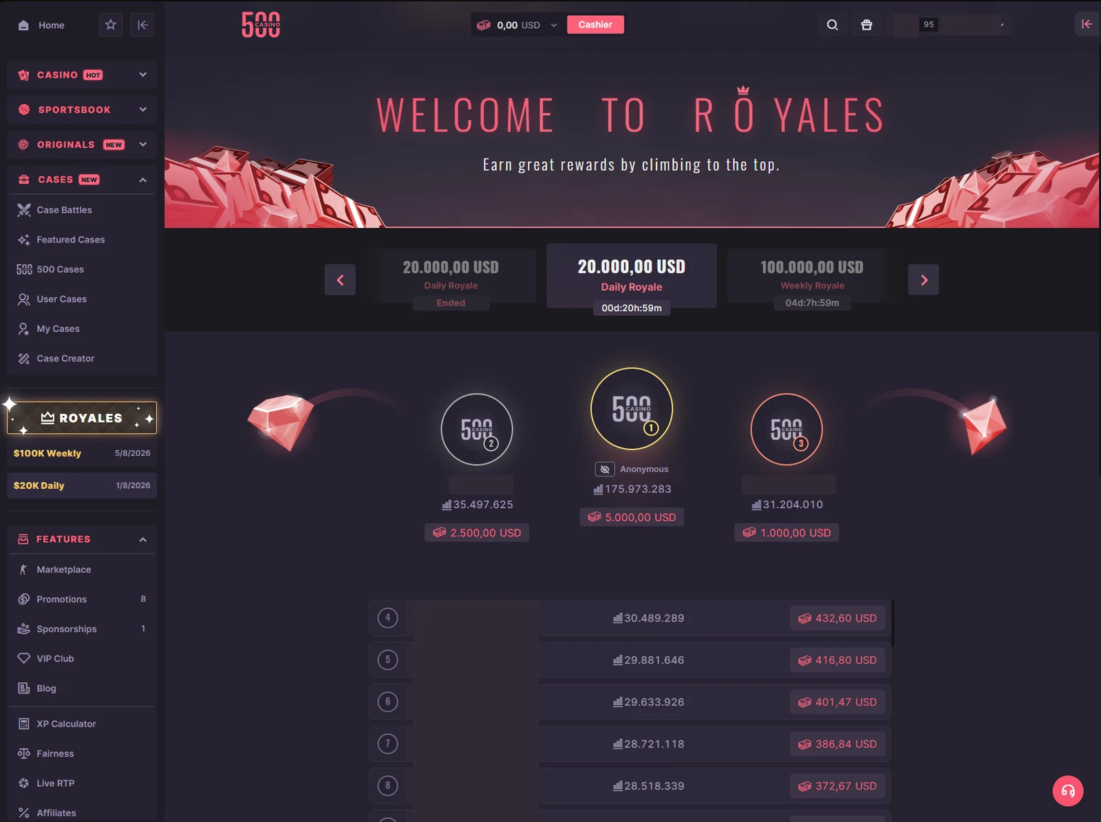 500 Casino Royales leaderboard with daily and weekly prize pool cards, a top-three podium and a ranked table with prize amounts