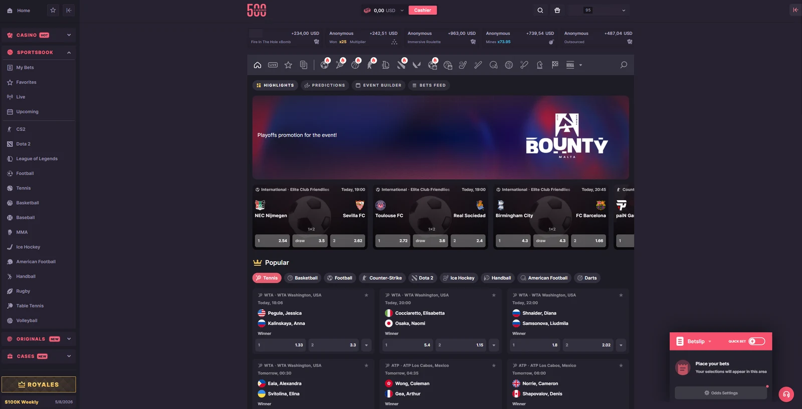 500 Casino sportsbook with an esports-led sport list, highlights and predictions tabs, football 1x2 odds and a docked betslip