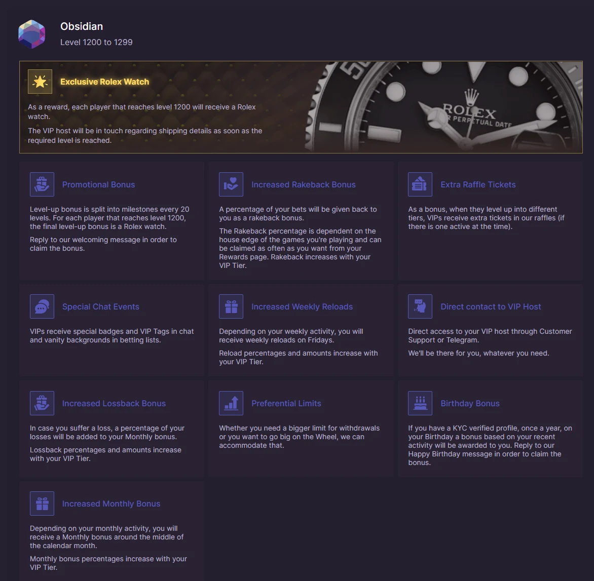 500 Casino Obsidian VIP tier page with a Rolex watch banner and ten perk cards including VIP host contact and preferential limits