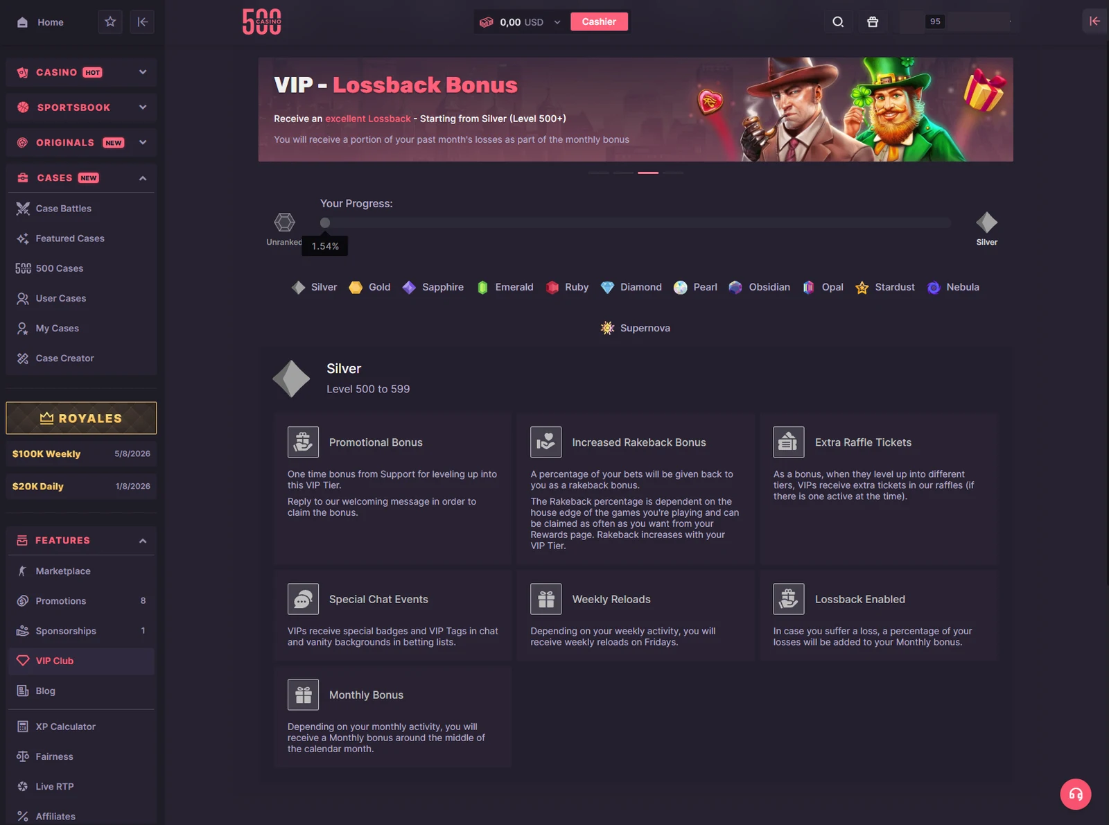 500 Casino VIP Club page showing the Silver tier at levels 500 to 599 with seven perk cards and a row of twelve tier names
