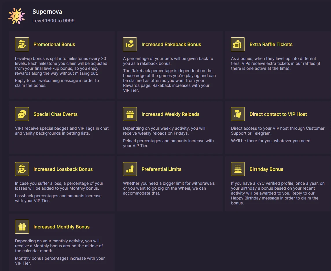 500 Casino Supernova VIP tier page covering levels 1600 to 9999 with the same ten perk cards as the Obsidian tier