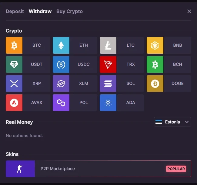 500 Casino withdrawal panel listing fifteen crypto options above a Real Money section reading no options found and a skins route