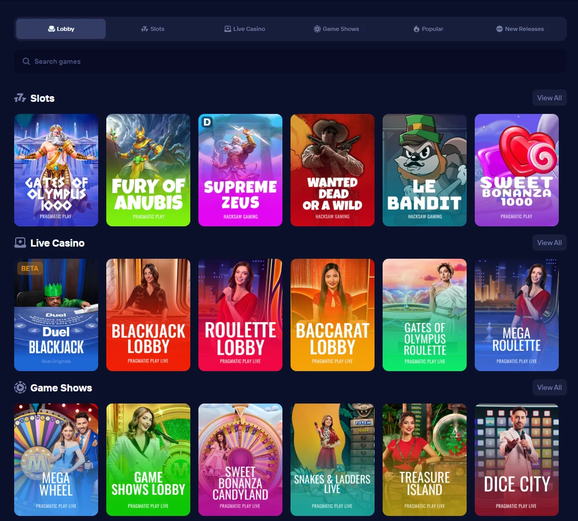 Duel casino lobby with Lobby, Slots, Live Casino and Game Shows tabs above rows of Pragmatic Play and Hacksaw Gaming titles