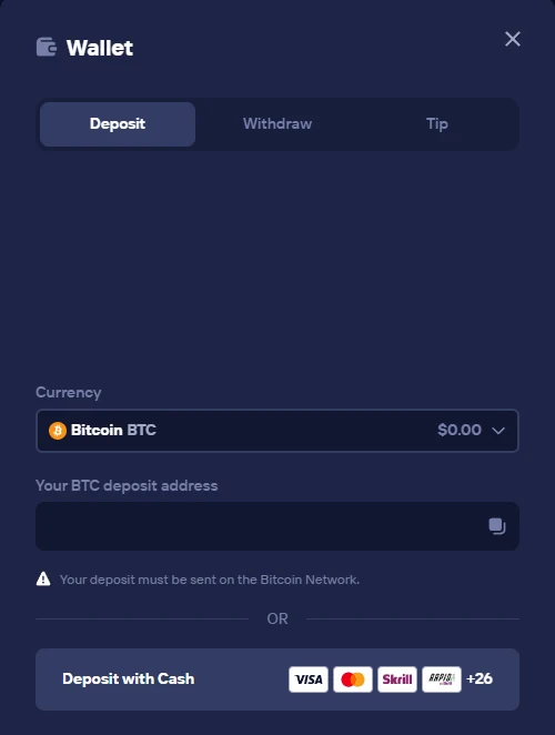 Duel wallet deposit panel showing a read-only BTC deposit address field with a copy button, a Bitcoin Network warning and a Deposit with Cash row