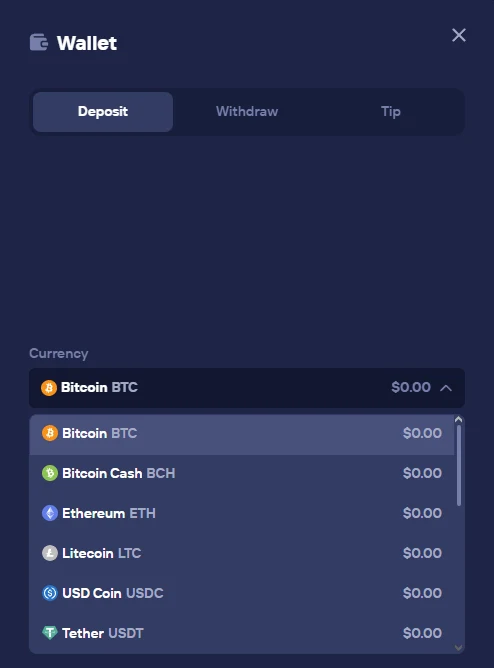 Duel wallet on the Deposit tab with the currency dropdown open, listing Bitcoin, Bitcoin Cash, Ethereum, Litecoin, USD Coin and Tether with balances