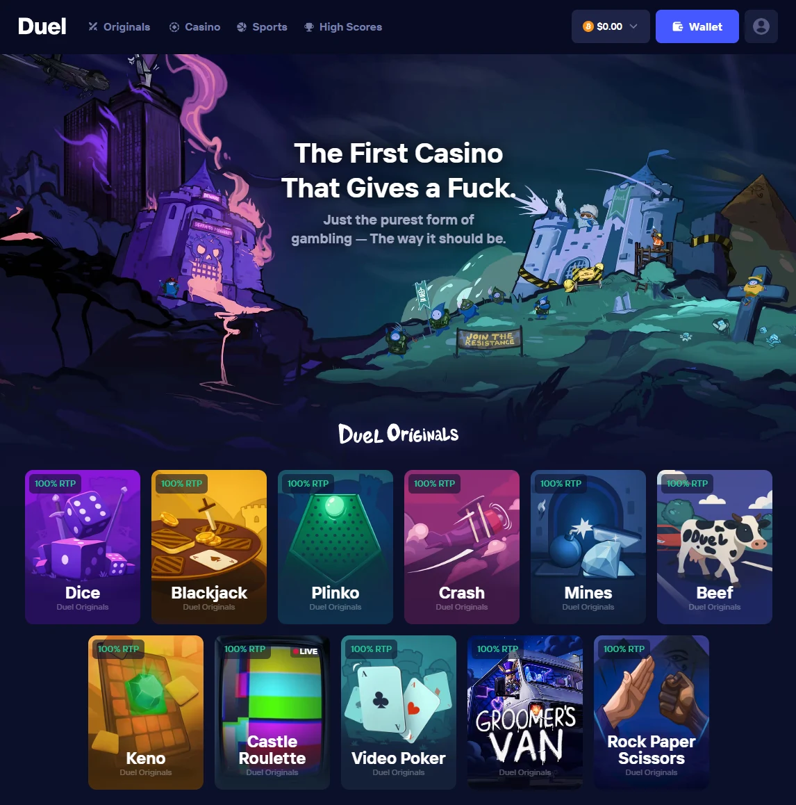 Duel homepage with an Originals, Casino, Sports and High Scores navigation bar above a grid of eleven in-house game tiles badged 100% RTP