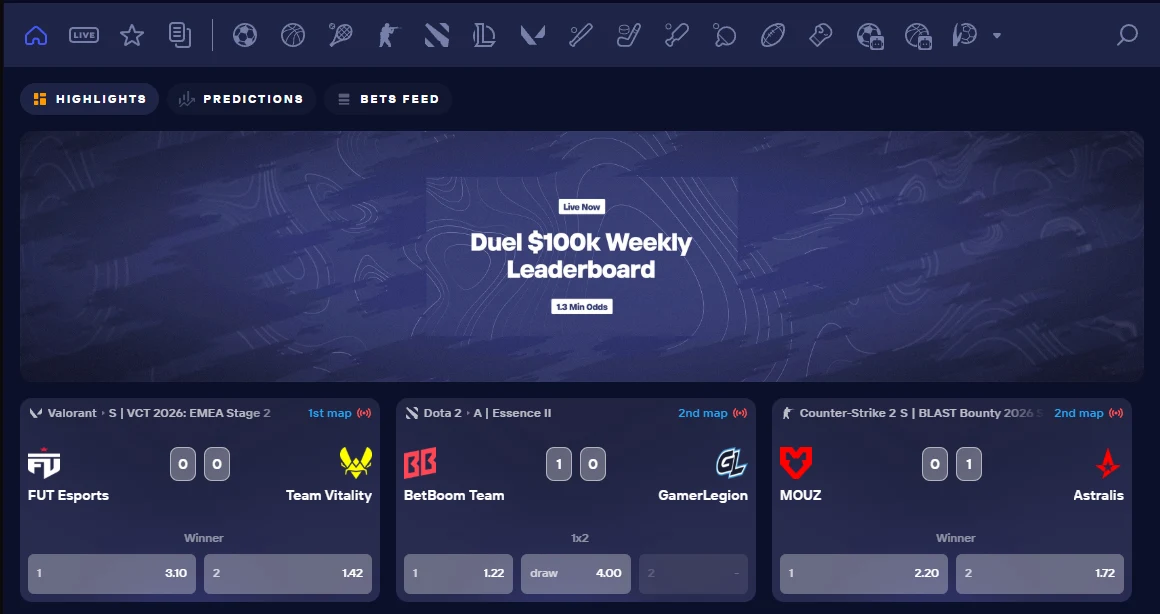 Duel sportsbook showing a weekly leaderboard banner above live Valorant, Dota 2 and Counter-Strike 2 matches with 1x2 odds