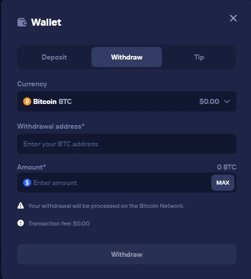 Duel withdrawal form with empty required address and amount fields, a MAX button, a Bitcoin Network warning and a transaction fee line