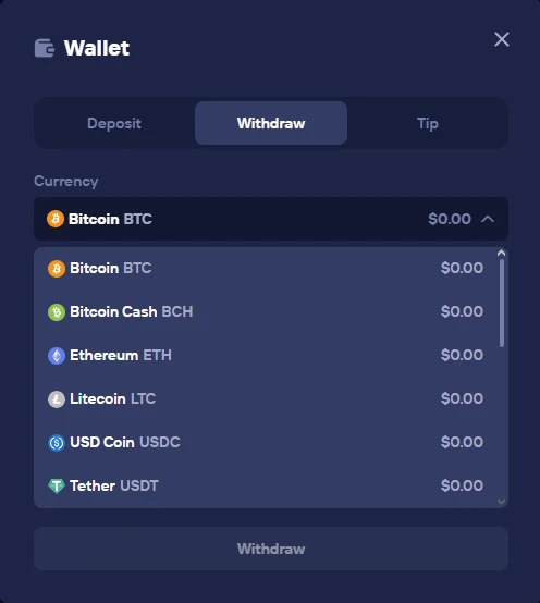 Duel wallet on the Withdraw tab with the currency dropdown open over a greyed-out Withdraw button