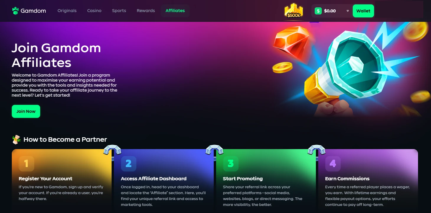 Gamdom Affiliates landing page with a Join Now button and four numbered steps describing registration, dashboard access, promotion and commissions