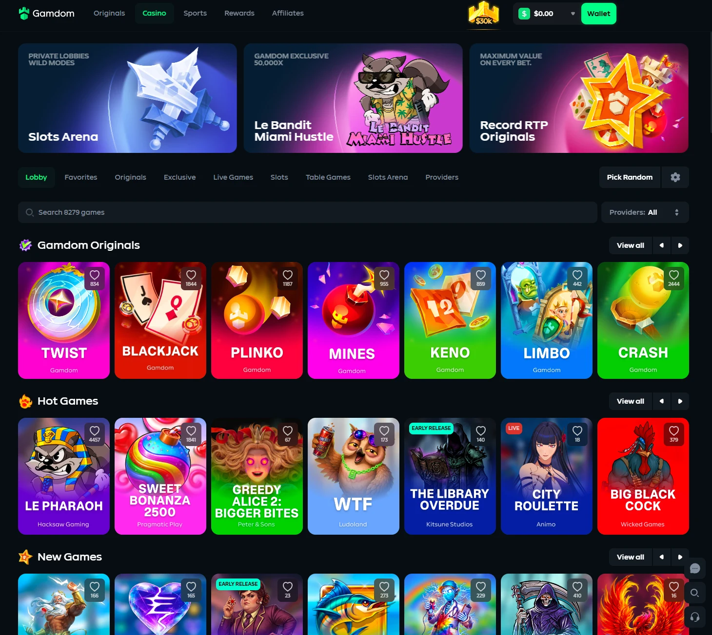 Gamdom casino lobby with Slots Arena, Le Bandit and Record RTP promo cards above a tab strip and grids of originals, hot games and new games