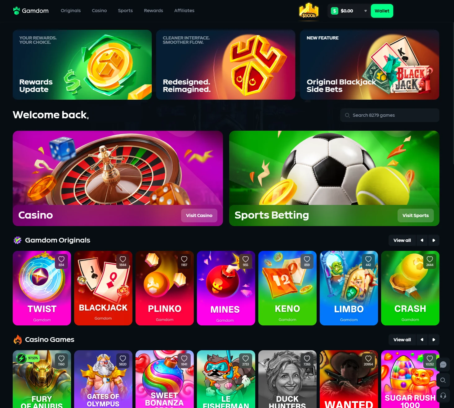 Gamdom logged-in homepage with banner cards, casino and sports tiles, a Gamdom Originals rail and a King of the Hill badge in the header