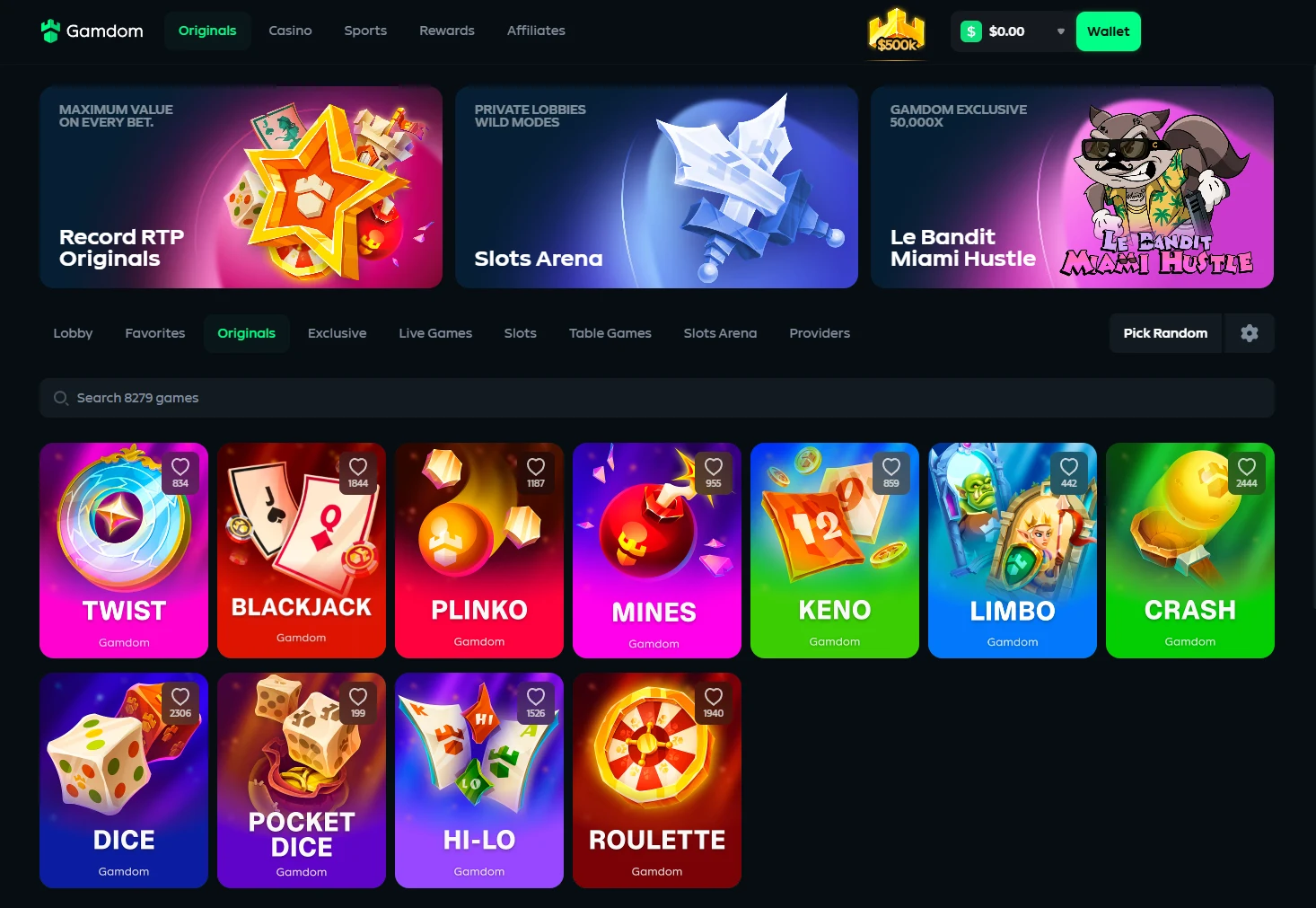 Gamdom Originals tab showing eleven in-house games including Twist, Blackjack, Plinko, Mines, Keno, Limbo, Crash, Dice, Pocket Dice, Hi-Lo and Roulette