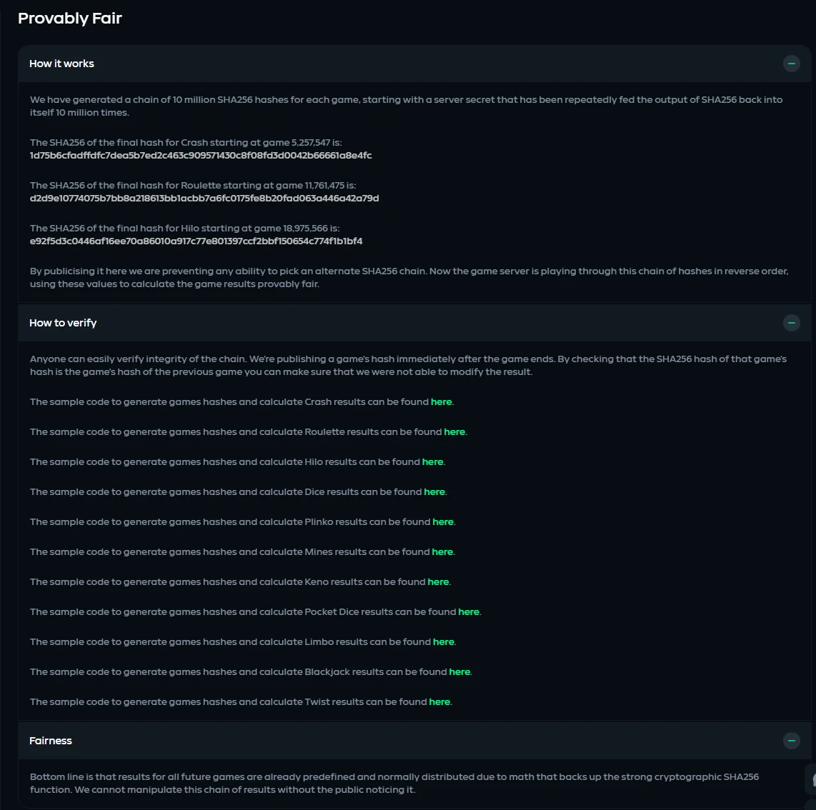 Gamdom Provably Fair page explaining the SHA256 hash chain, publishing terminal hashes for Crash, Roulette and Hilo, and linking verification code per game