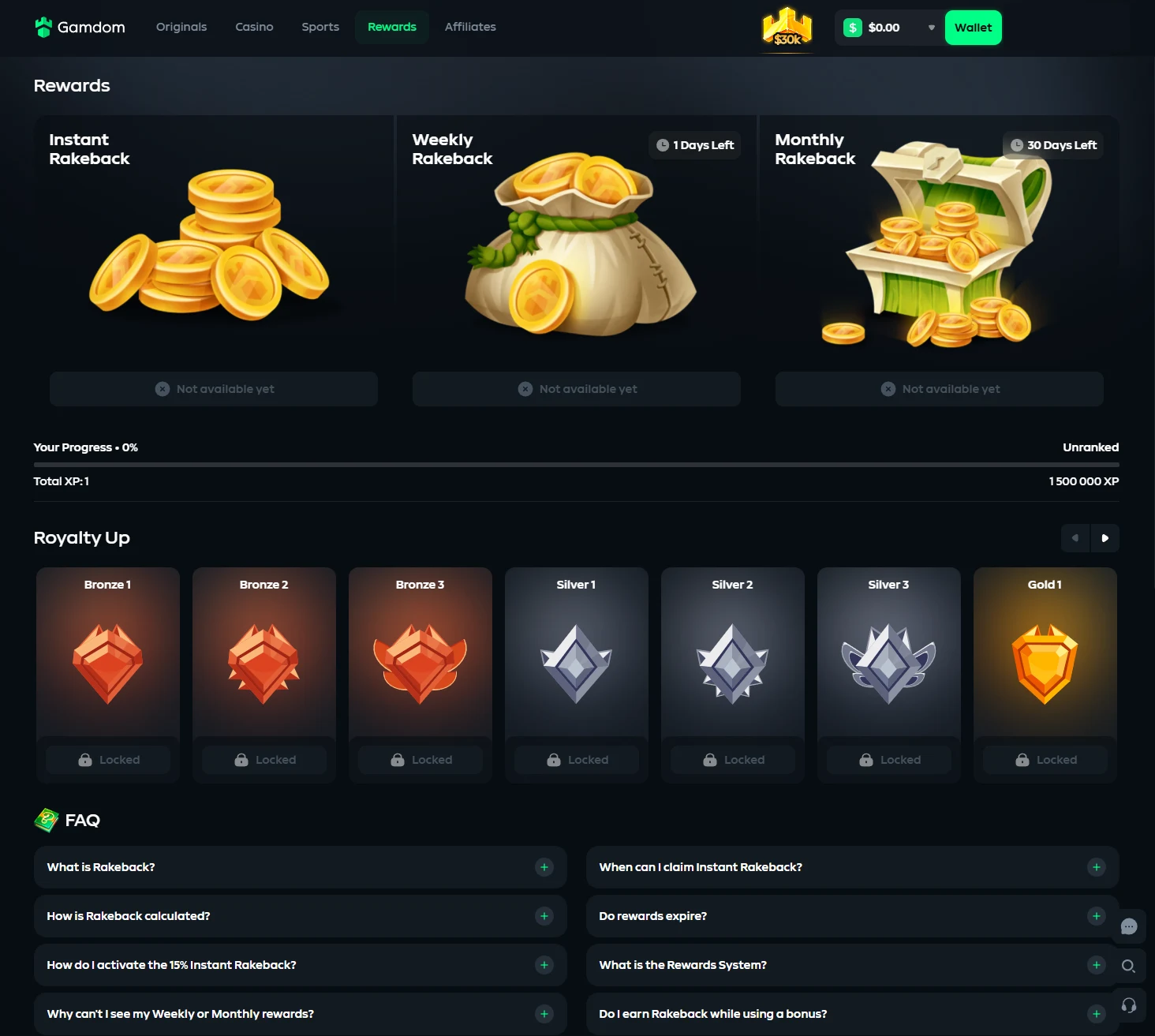 Gamdom Rewards page showing instant, weekly and monthly rakeback cards, an XP progress strip, the Royalty Up rank ladder and a FAQ