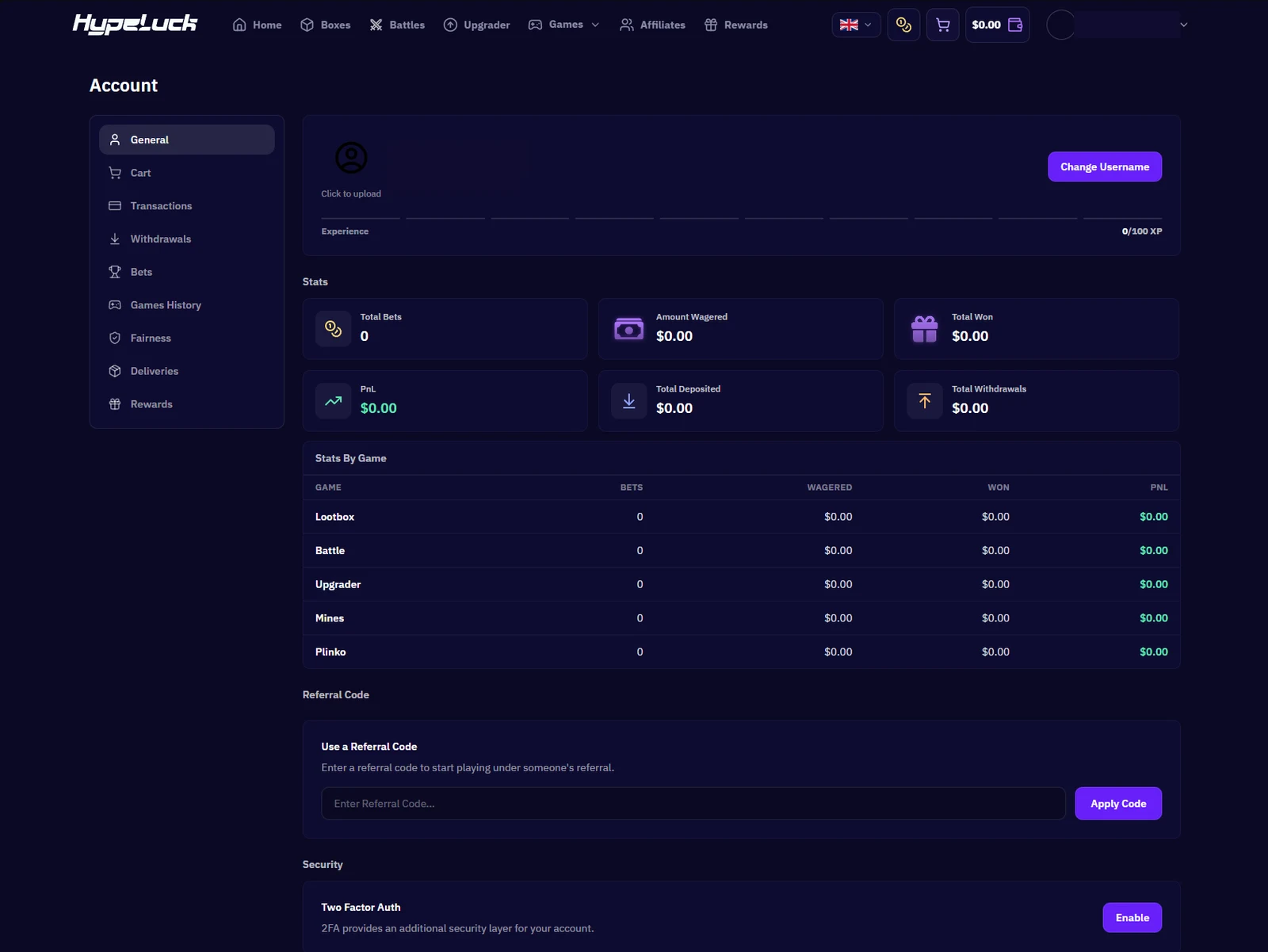 The Hypeluck account page showing six stat tiles, a stats-by-game table across lootbox, battle, upgrader, mines and plinko, a referral code field and a two-factor authentication row