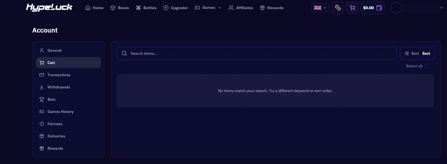 The Hypeluck account cart, empty, showing a search field, a sort control, a select-all checkbox and the account tab rail