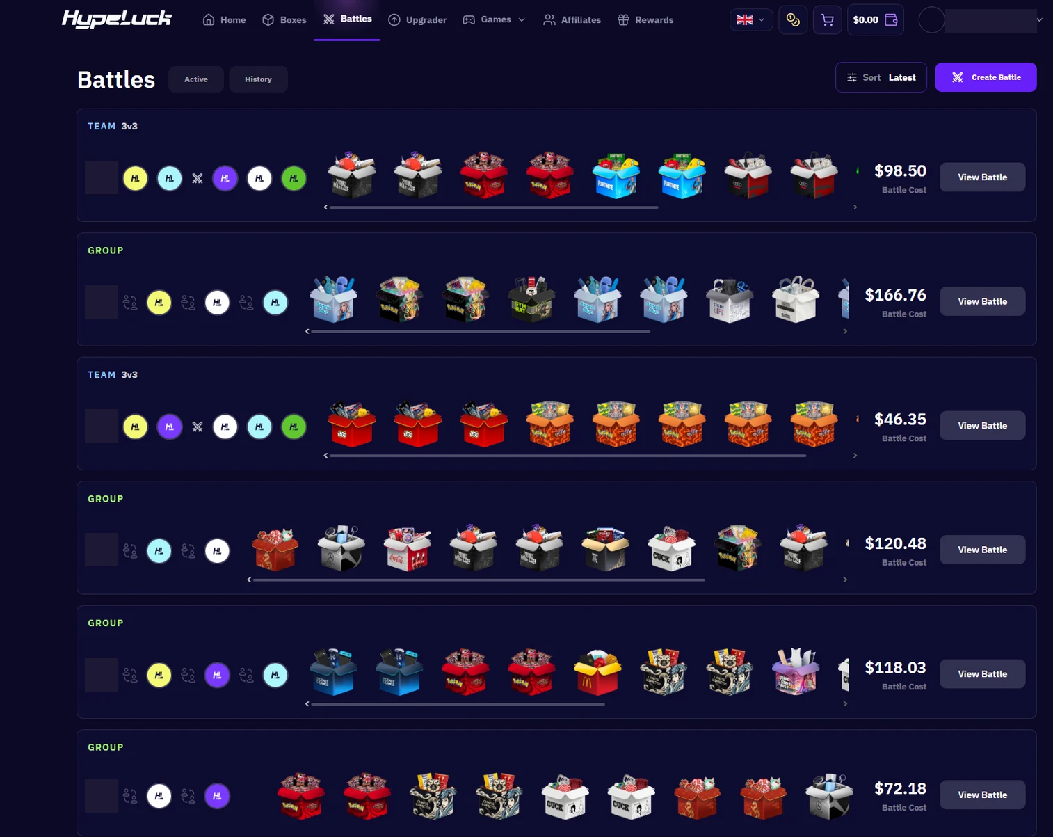 The Hypeluck Battles lobby listing team and group battles with player slots, box strips and battle costs