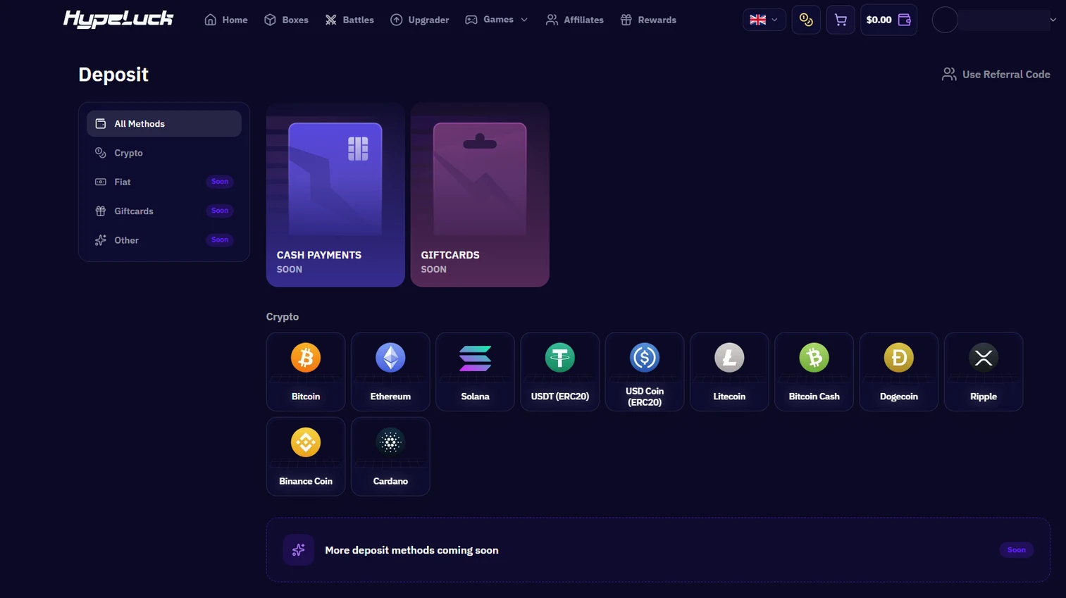 The Hypeluck deposit page with a method rail, cash and giftcard tiles marked soon, and a grid of eleven cryptocurrencies