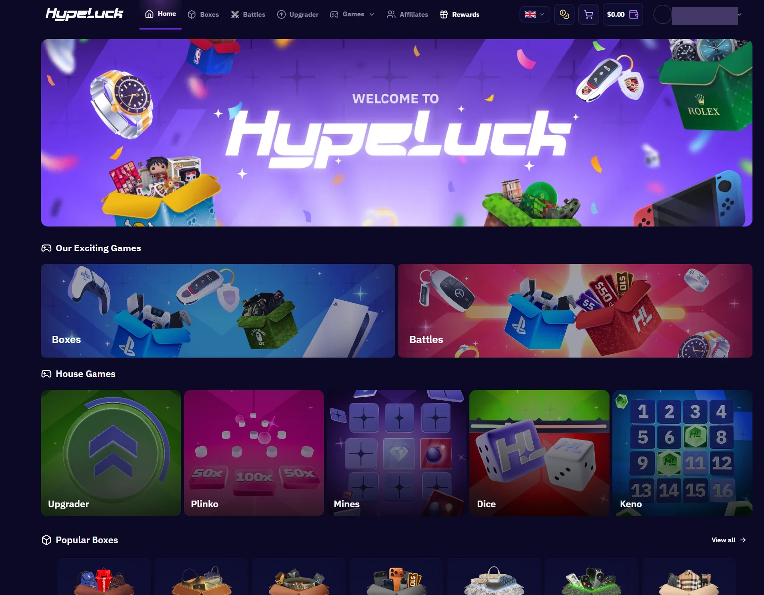 Hypeluck front page with the welcome banner, an Our Exciting Games row holding Boxes and Battles, and a House Games row of Upgrader, Plinko, Mines, Dice and Keno