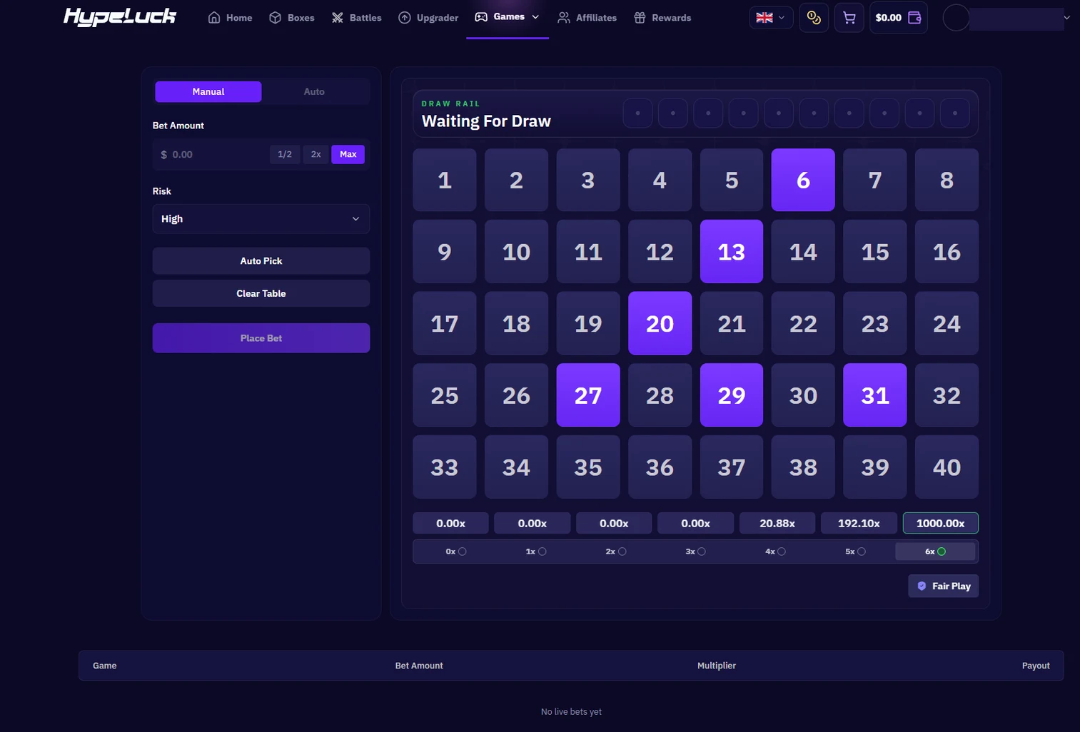 Hypeluck keno with a 40-number grid, six numbers selected, high risk and a payout row topping out at 1000.00x