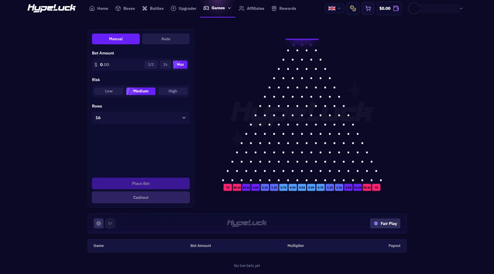 Hypeluck plinko set to medium risk over 16 rows, with a multiplier row running from 0.54 in the centre to 75 at the edges