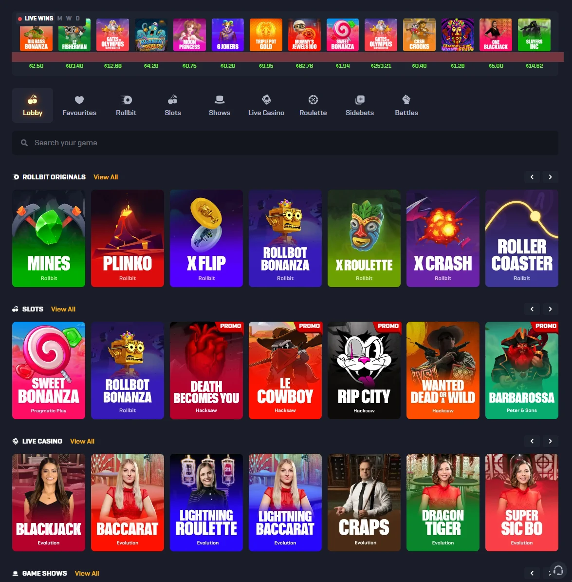 Rollbit casino lobby showing the tab row, the Rollbit originals shelf, a slots row with promo badges and the Evolution live casino row