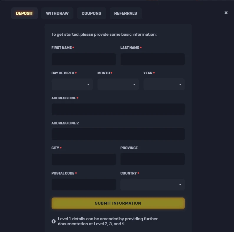 Rollbit cashier on the deposit tab showing an information form with name, date of birth and address fields above a submit information button