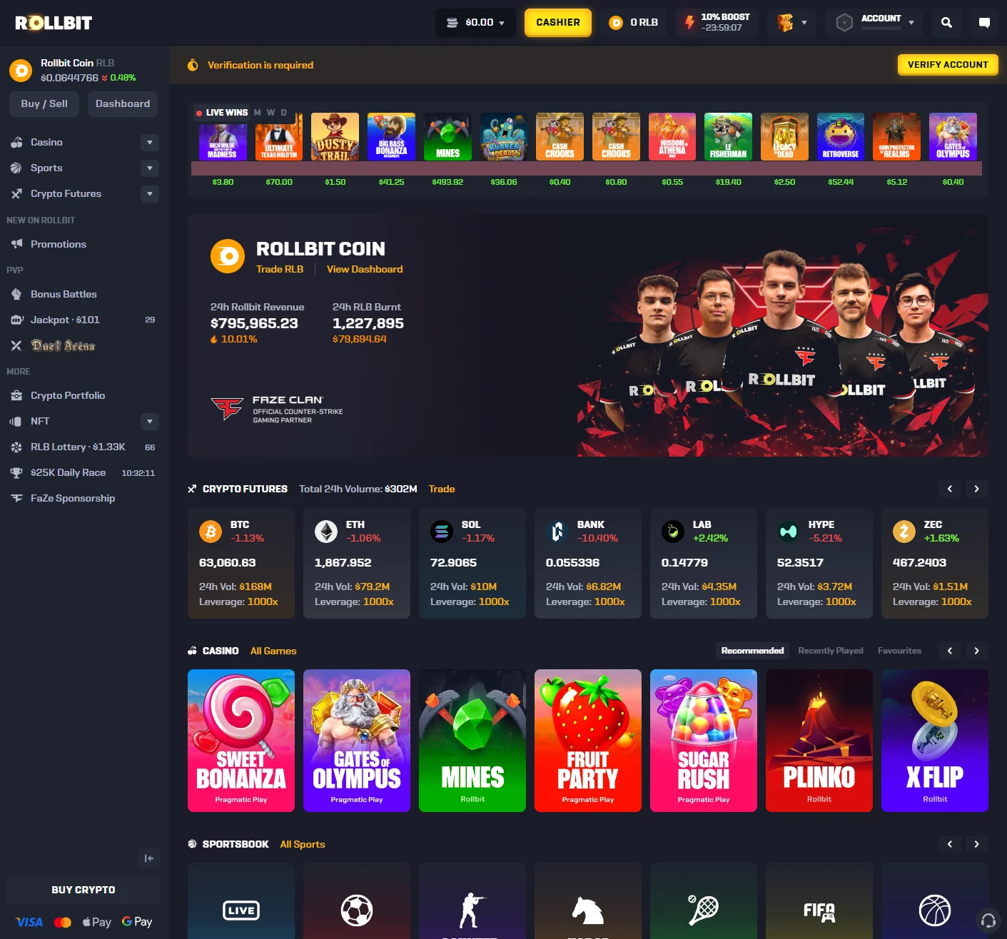 Rollbit homepage with the left sidebar, the header balance and cashier controls, and the Rollbit Coin, crypto futures and casino rows