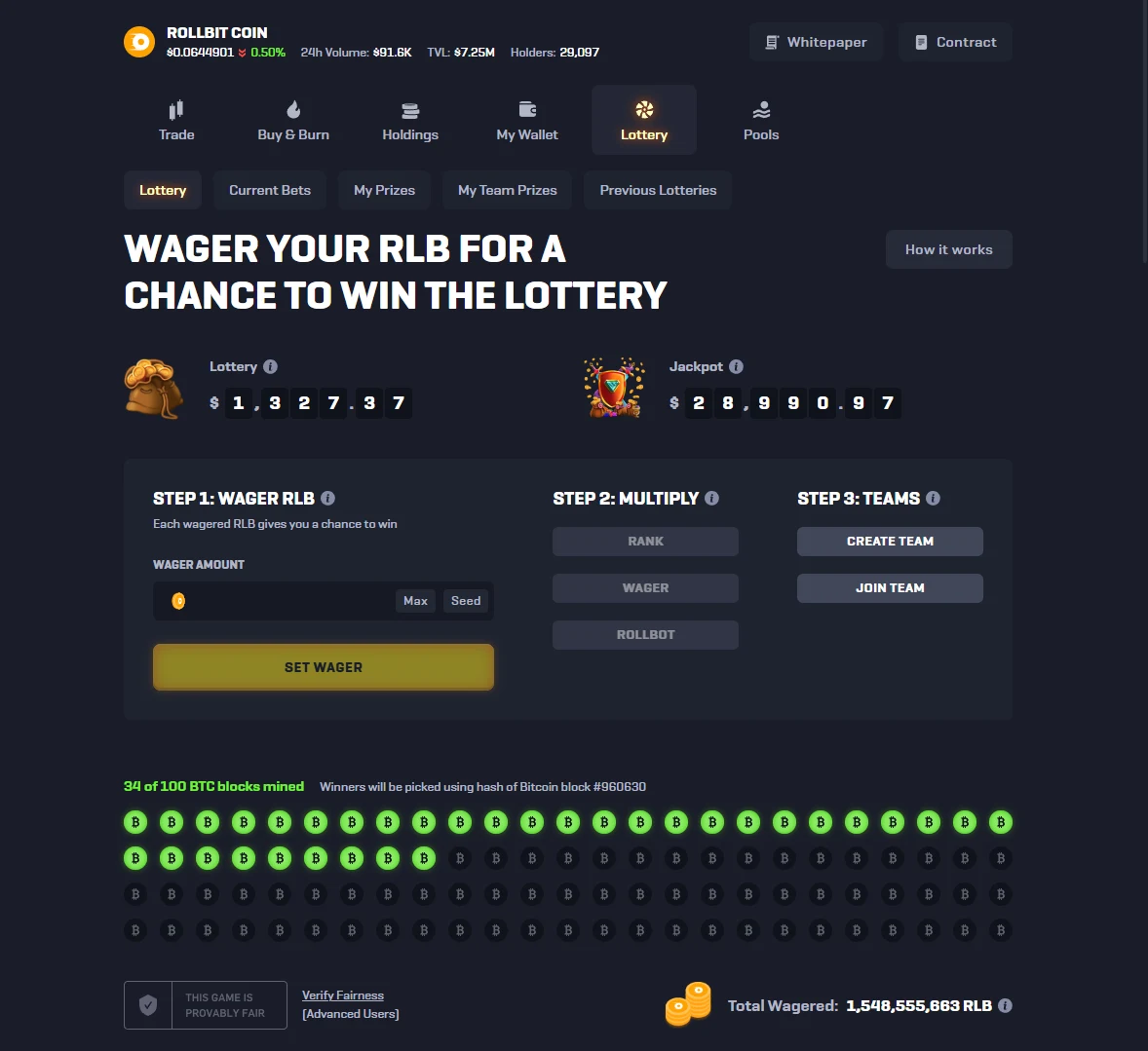Rollbit RLB lottery page showing the lottery and jackpot counters, a three-step wager, multiply and teams layout, and a Bitcoin block progress counter