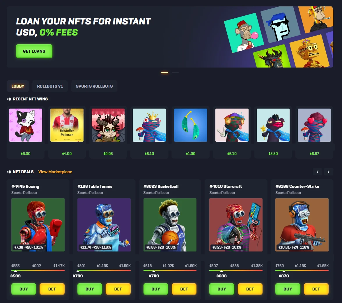Rollbit NFT section with a loans banner, Rollbots and Sports Rollbots tabs, a recent wins strip and deal tiles carrying buy and bet buttons