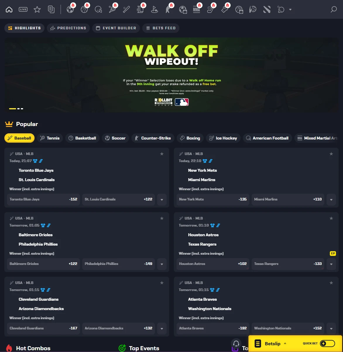 Rollbit sportsbook with the sport icon rail, highlights and predictions tabs, a walk-off refund banner and MLB fixtures with American odds