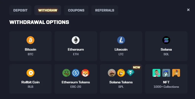 Rollbit cashier on the withdraw tab showing eight withdrawal option tiles for Bitcoin, Ethereum, Litecoin, Solana, RLB, ERC-20 tokens, SPL tokens and NFTs