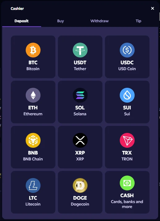 Roobet Cashier modal on the Deposit tab, showing a grid of currency tiles for BTC, USDT, USDC, ETH, SOL, SUI, BNB, XRP, TRX, LTC and DOGE plus a CASH tile