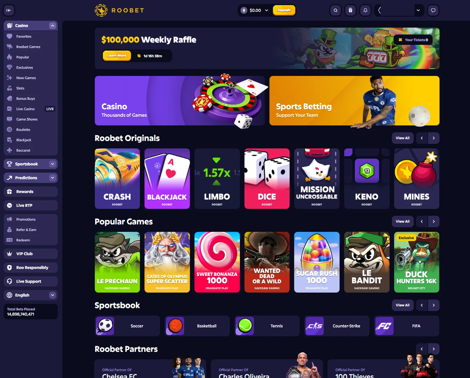 Roobet homepage with the left navigation rail expanded, a weekly raffle banner, Casino and Sports Betting panels, and rows of originals and popular slots