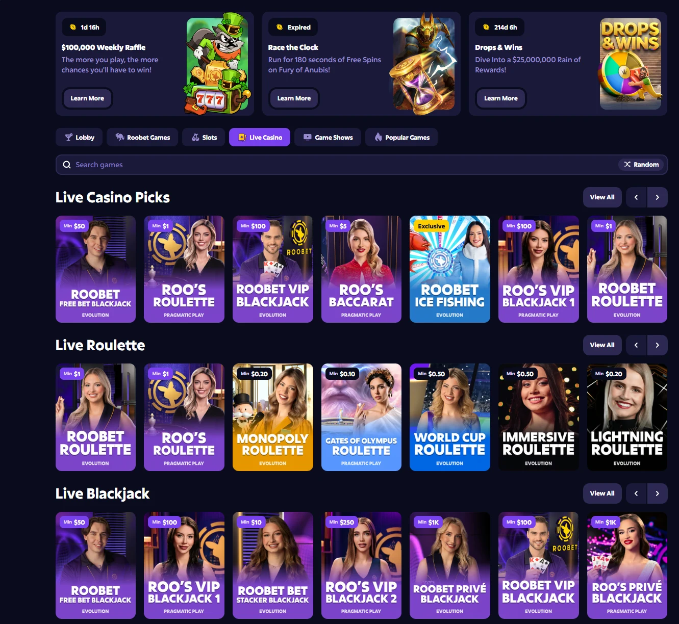 Roobet live casino lobby with rows of Live Casino Picks, Live Roulette and Live Blackjack tables, each tile carrying a minimum stake badge and an Evolution or Pragmatic Play label