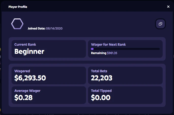 Roobet Player Profile modal showing join date, current rank, wager-to-next-rank progress, and tiles for wagered total, total bets, average wager and total tipped