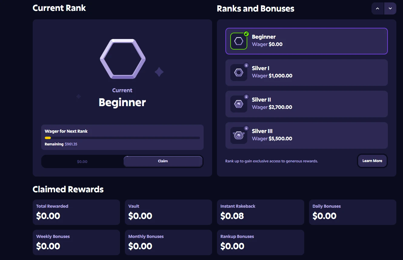 Roobet rank page showing Current Rank Beginner with a wager progress bar, a Ranks and Bonuses list from Beginner through Silver III with wagering requirements, and a Claimed Rewards panel of totals