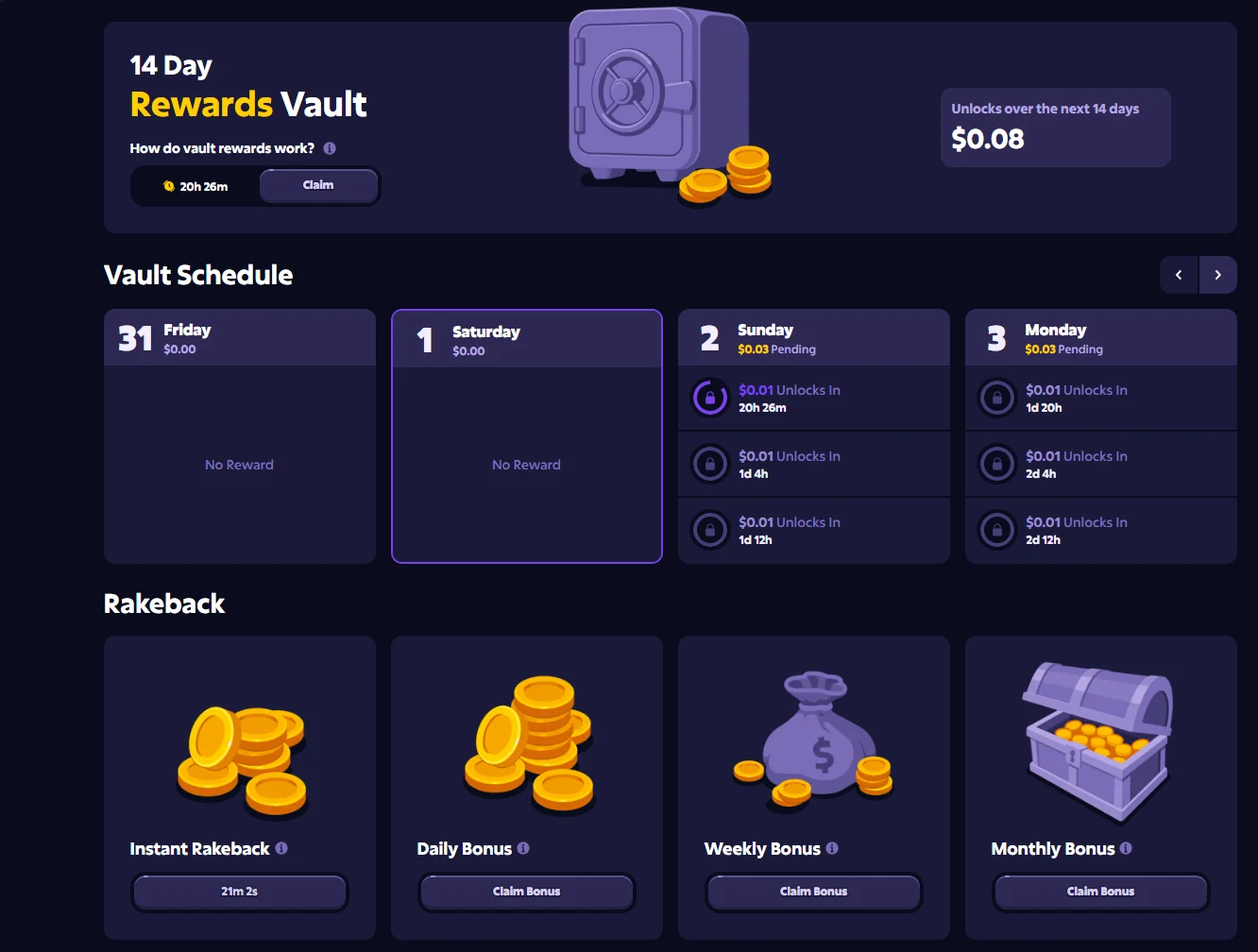 Roobet Rewards page showing the 14 Day Rewards Vault with a claim timer, a Vault Schedule of daily cards, and a Rakeback row with instant, daily, weekly and monthly claim buttons