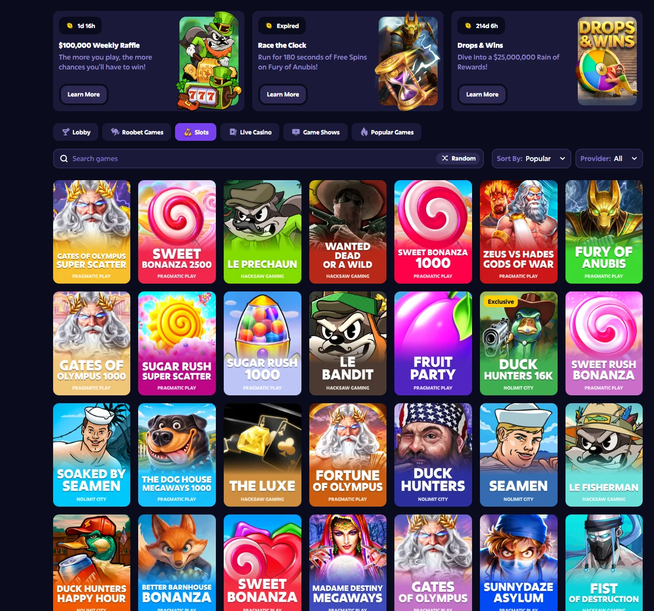 Roobet slots lobby with three promotion cards above category tabs, a search bar with a Random button, Sort By and Provider filters, and a grid of slot tiles from Pragmatic Play, Hacksaw Gaming and Nolimit City